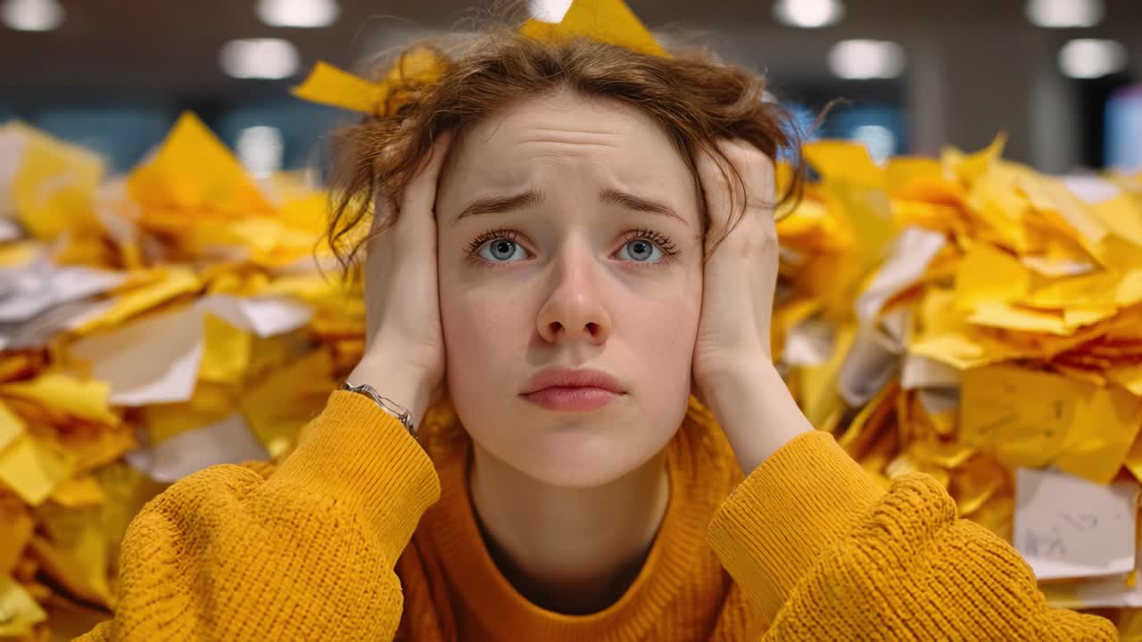 Amidst a chaotic sea of yellow sticky notes, a young woman grapples with overwhelming frustration and anxiety, reflecting the challenges of modern life and the pressures of organization