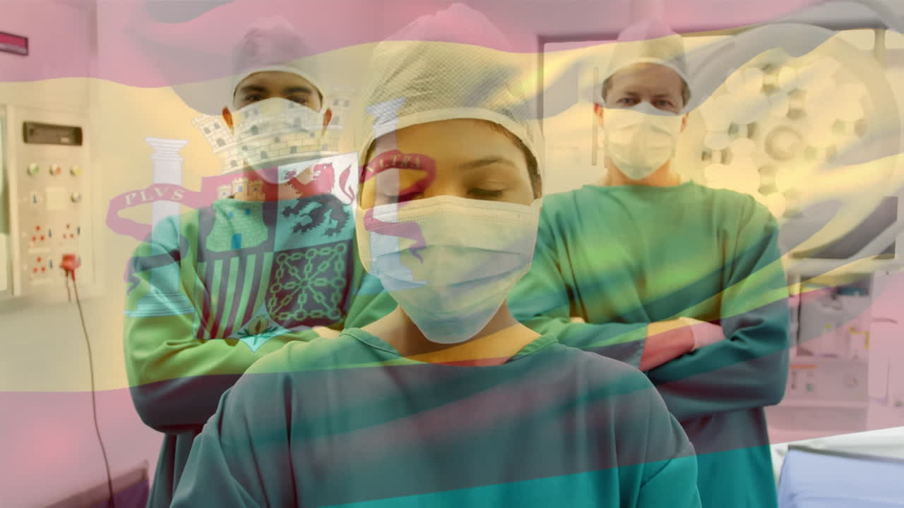 animación de la bandera de españa ondeando sobre los cirujanos en el quirófano