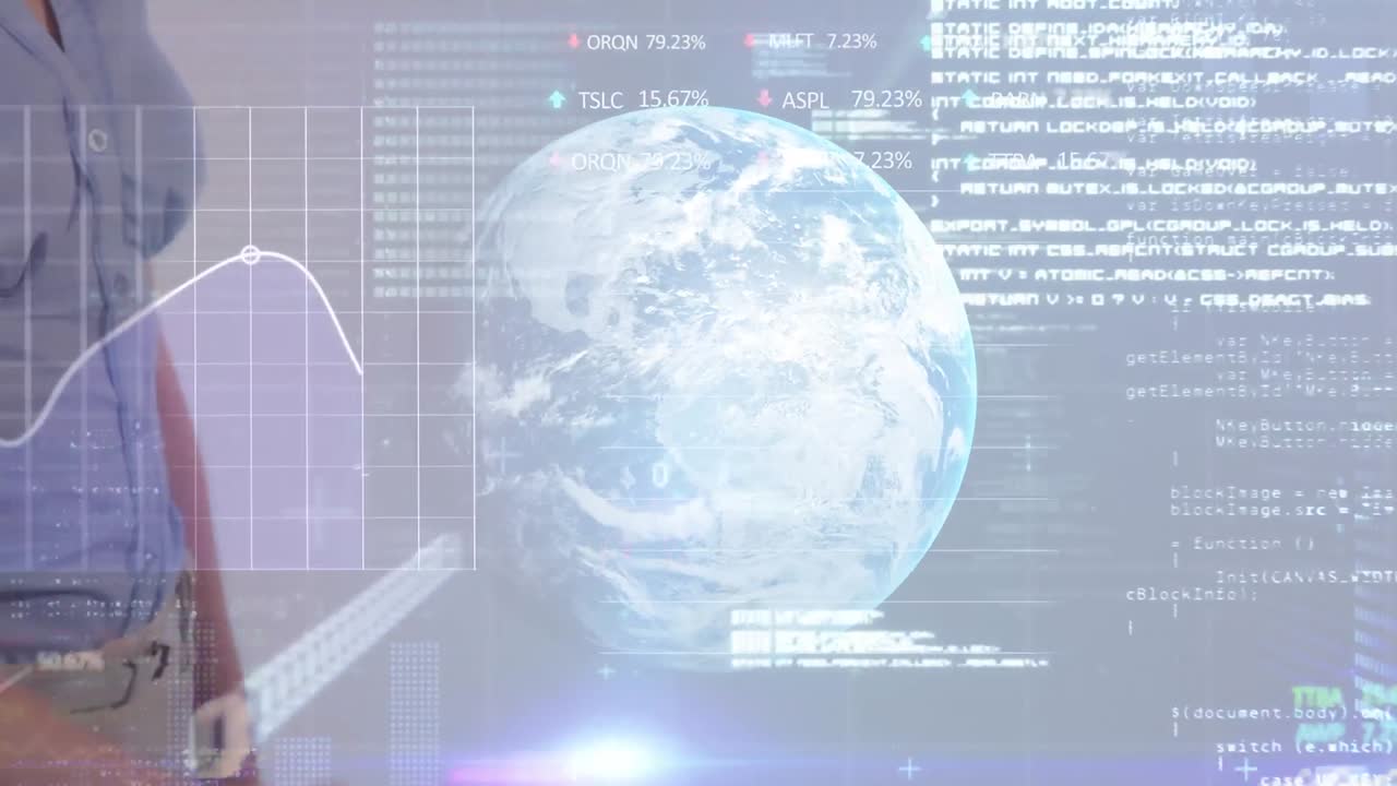 주식 시장 데이터 처리는 비즈니스맨과 비즈니스맨의 중간 섹션에 대해 손을 흔들고 있습니다.