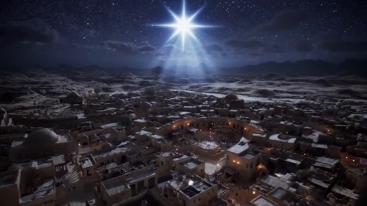 Luftvideo av en stjerneklar natt over en ørkenby, med en lys stjerne som lyser opp scenen.