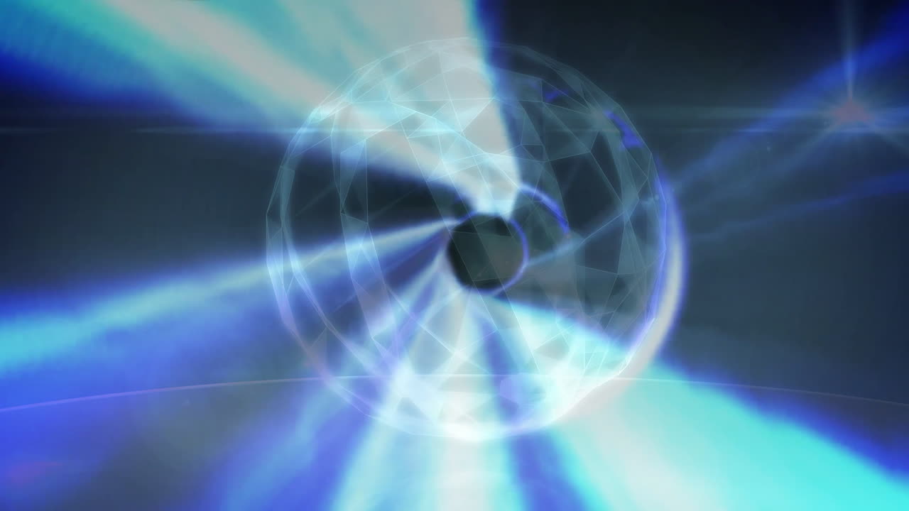 Blue light beams radiating outward from abstract geometric sphere in animation