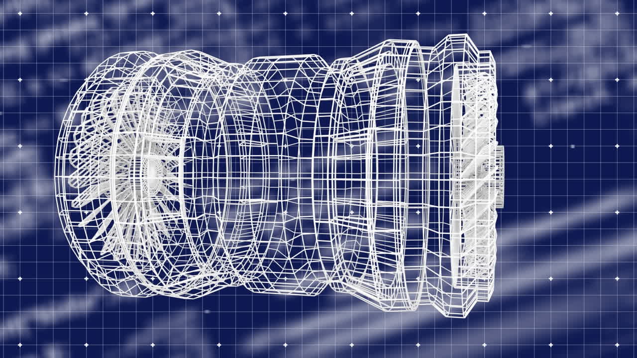 배경에서 그리드 위의 데이터 처리와 함께 회전하는 3d 엔진의 애니메이션