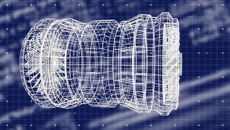 animación de motor 3d girando con procesamiento de datos sobre la cuadrícula en el fondo