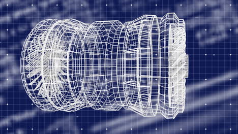 animation of 3d engine spinning with data processing over grid in background