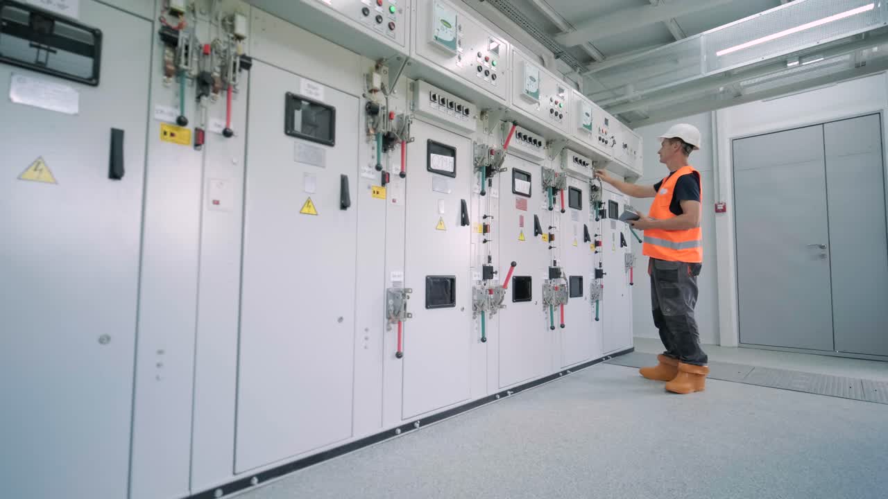 los ingenieros eléctricos inspeccionan los sistemas eléctricos en el gabinete de control de equipos