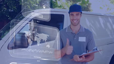 Animación-Del-Procesamiento-De-Datos-En-Pantalla-Sobre-Un-Repartidor-Caucásico-En-Furgoneta