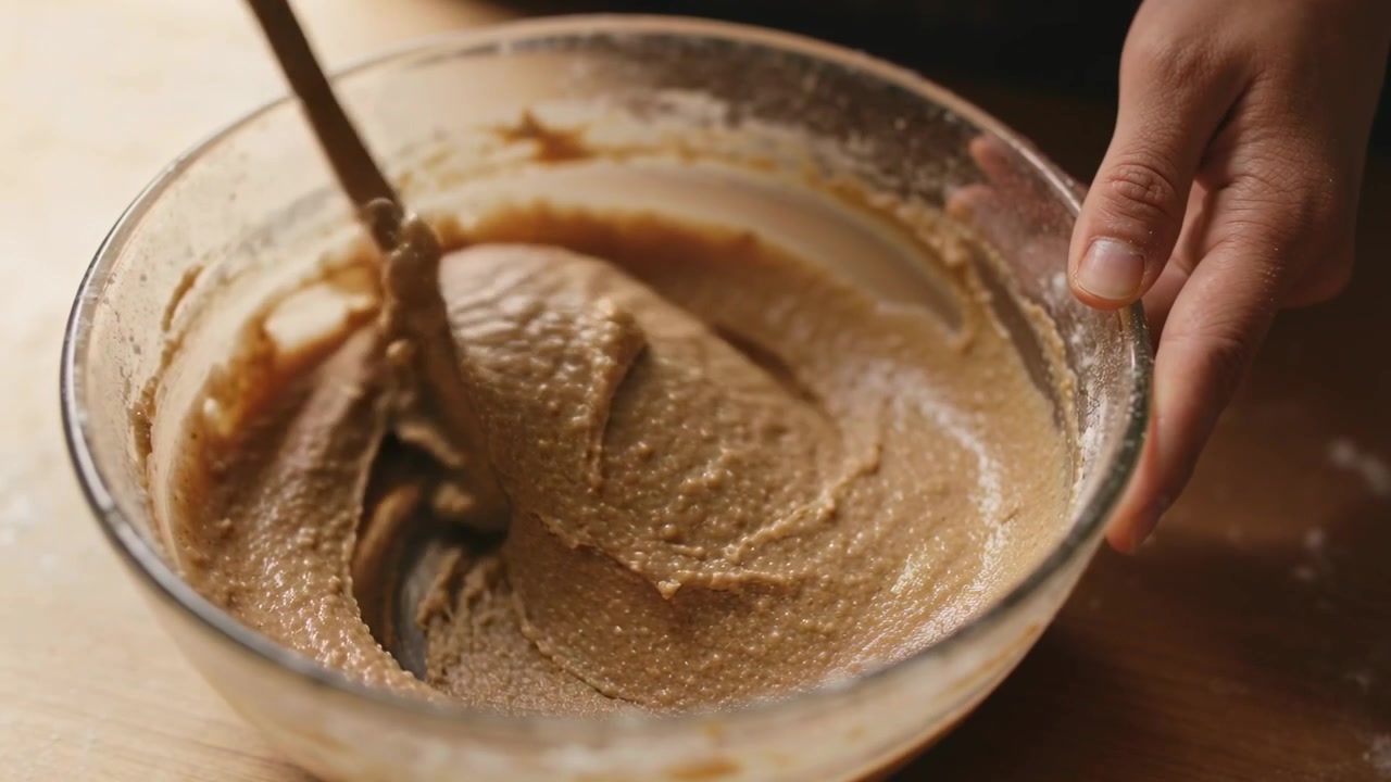 Starting stirring, hands mixing batter in glass bowl on wood counter preparing batter, wooden spoon