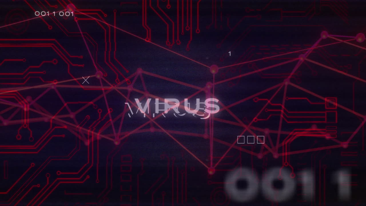 Virus text and digital circuit lines animation over dark background with binary code