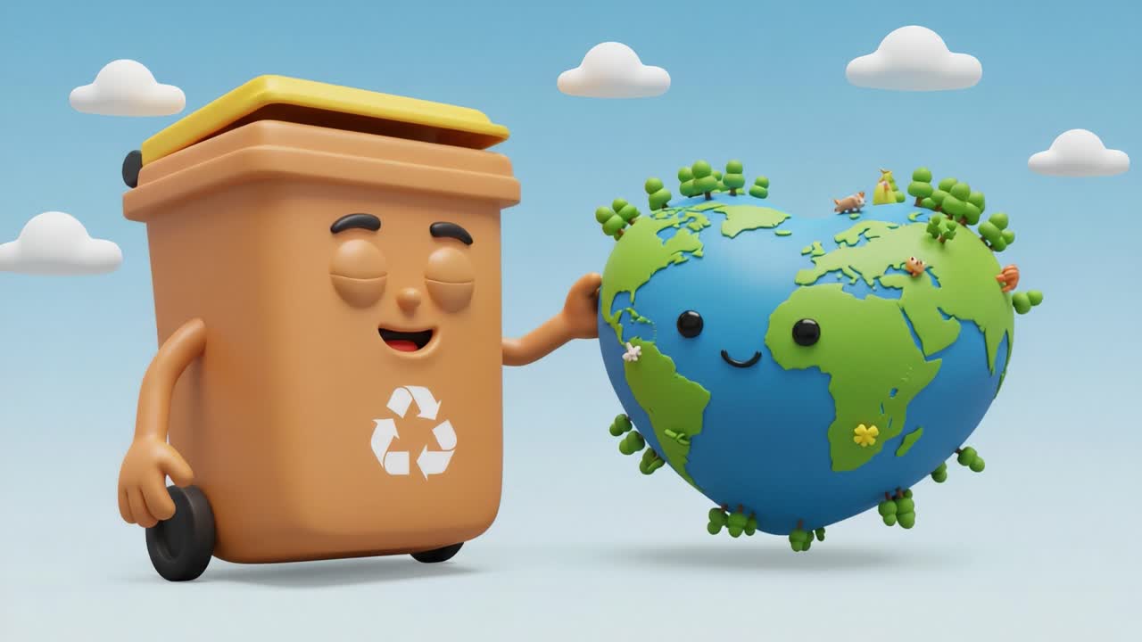A cheerful recycling character interacts with a heart-shaped Earth, promoting environmental awareness and sustainability in a playful and engaging animation style