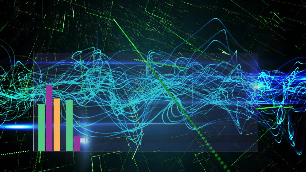 Futuristic data visualization being shown with turquoise waveforms, green bar chart, lens flare