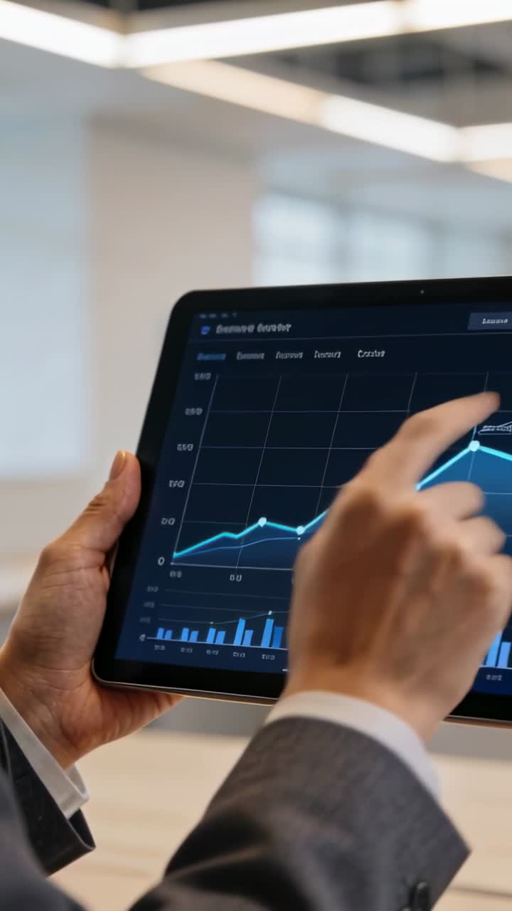 Analytiker holder nettbrett mens høyre finger svever, deretter sporer oppover og deretter trykker på en søyle, som viser vekst
