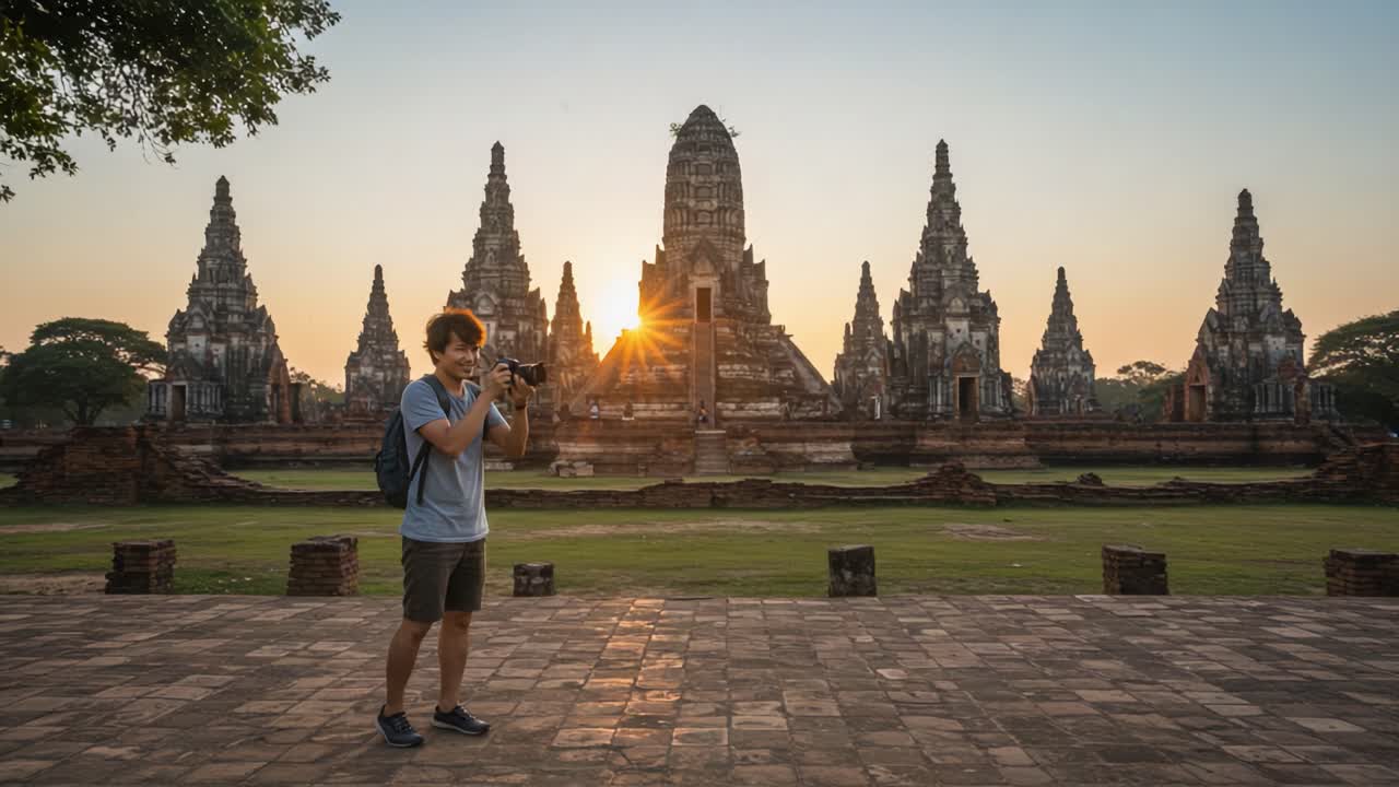 Capturing the Silhouette of Ancient Temples at Dawn: A Photographer Immersed in the Ethereal Morning Light in a Historic Setting