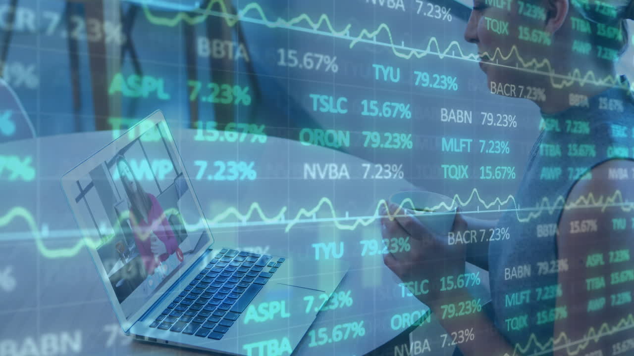Woman holding coffee mug joining remote finance meeting, displaying live stock chart overlays
