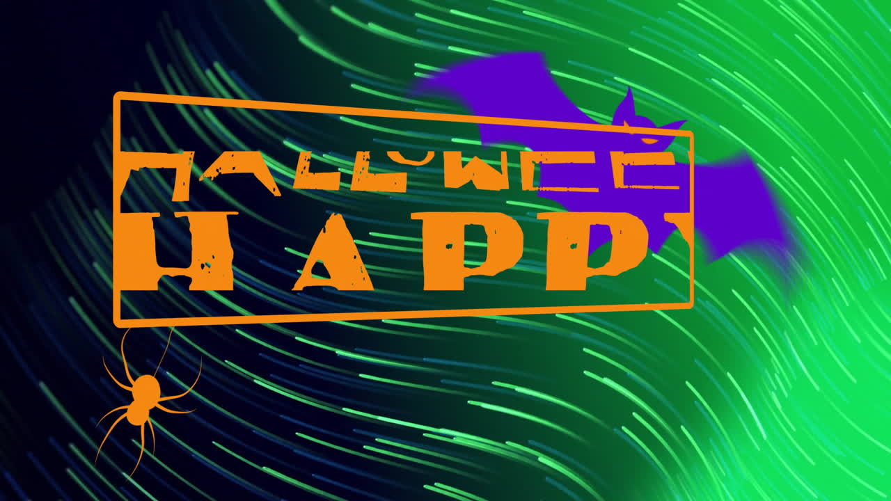 Animation de texte Joyeux Halloween avec une chauve-souris et une araignée sur un fond tourbillonnant vert et bleu
