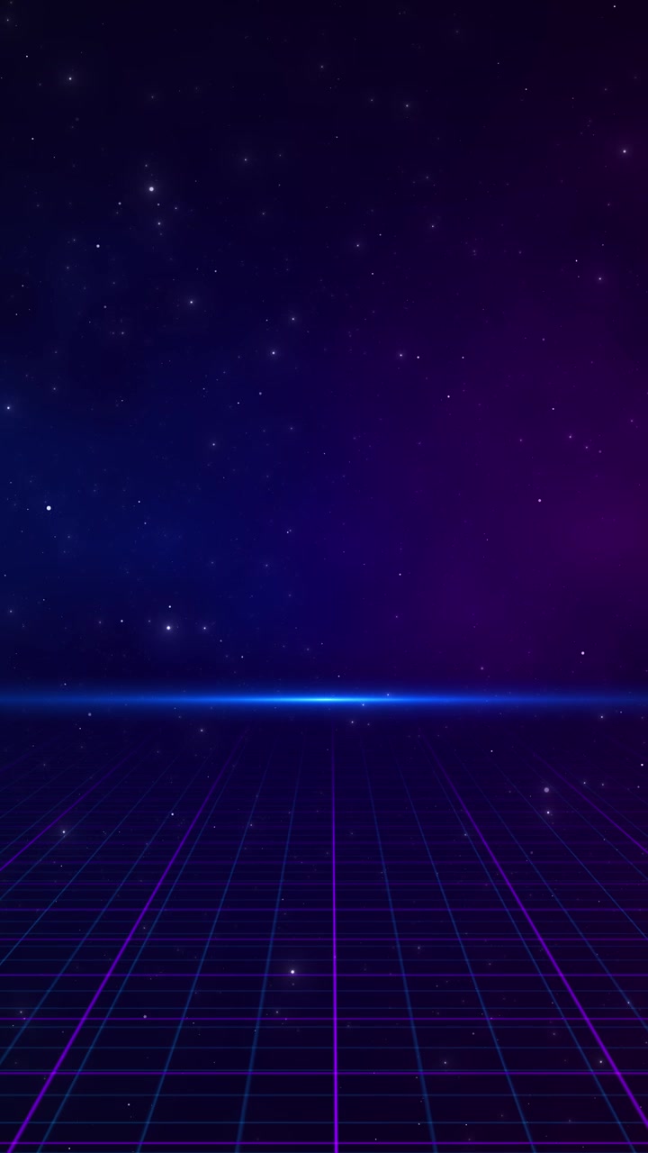 Suelo de cuadrícula de neón con cielo estrellado, luces laterales azules y magenta, profundidad de horizonte futurista, perfecto.