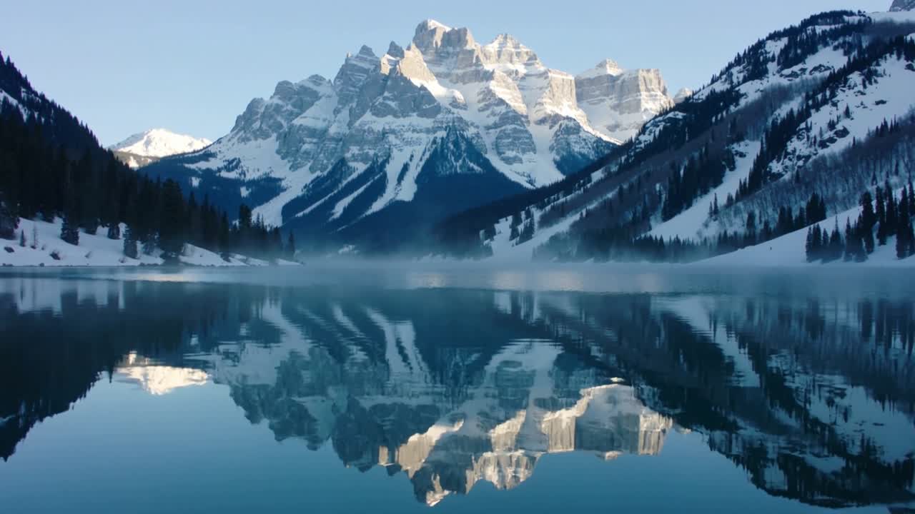 Reflekterende alpinsjø som viser sentralt snødekt massiv, soloppgang som løfter tåke og skaper krusninger