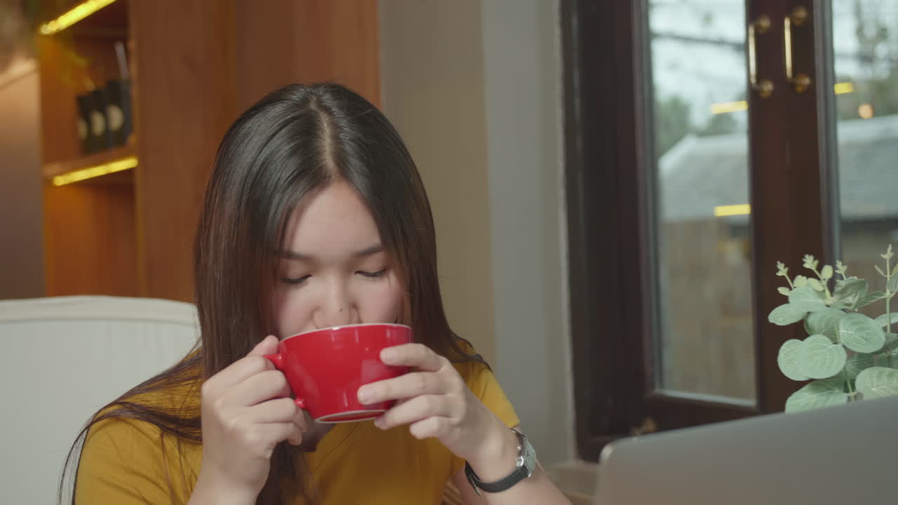 Beautiful Young Asian Woman Selfie With Coffee Cup