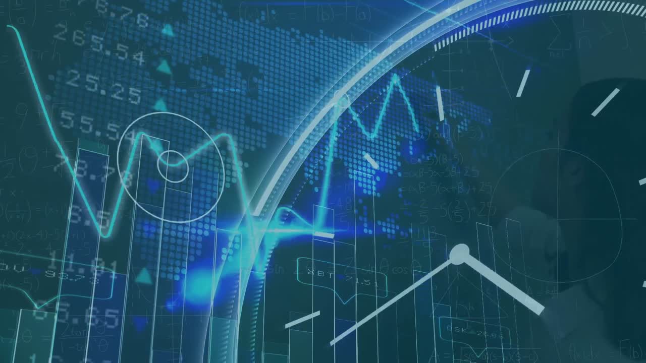 검은 바탕에 움직이는 시계와 함께 데이터 처리의 애니메이션