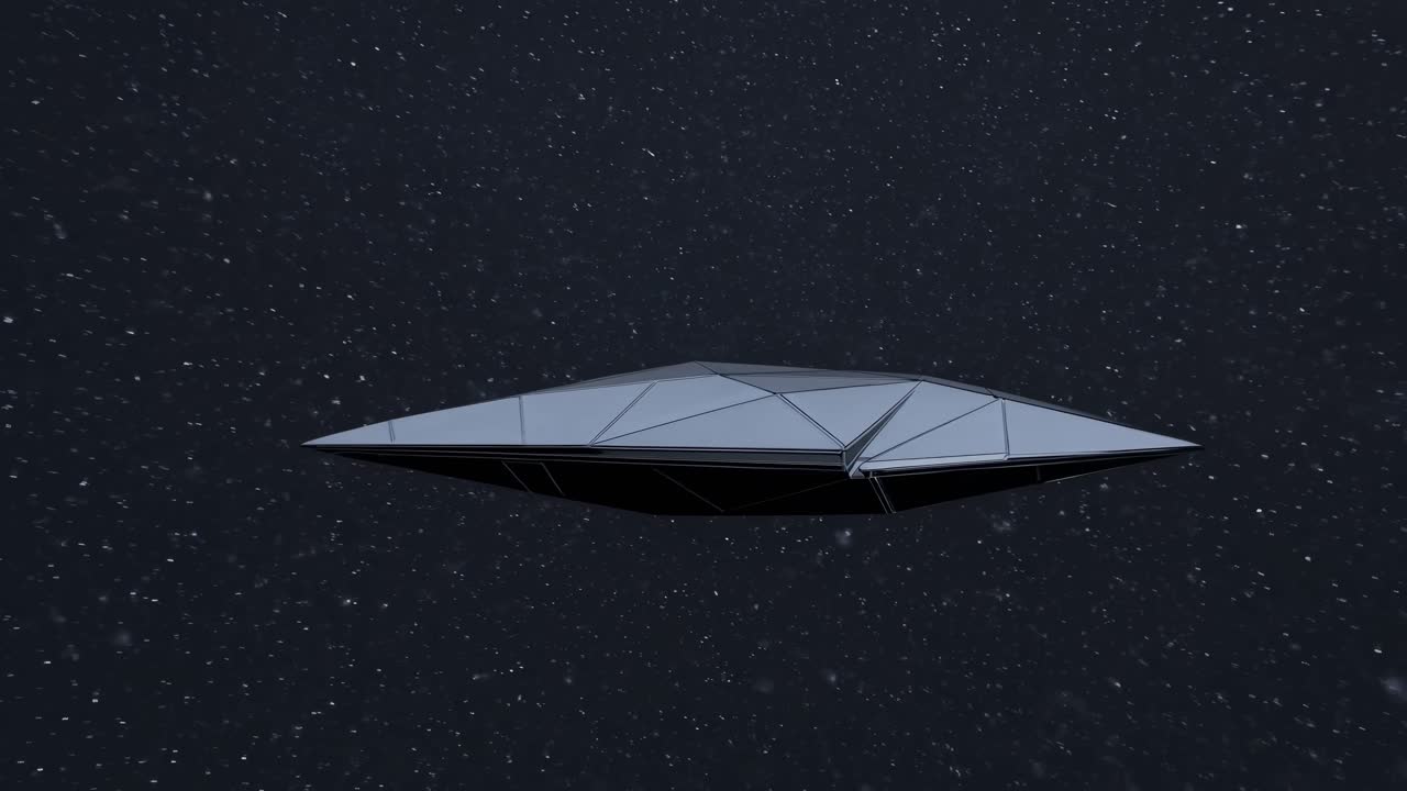 A sleek, futuristic spaceship glides through a starry night sky