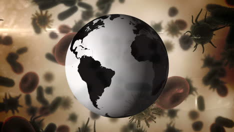 Animation of corona virus with world globe in background