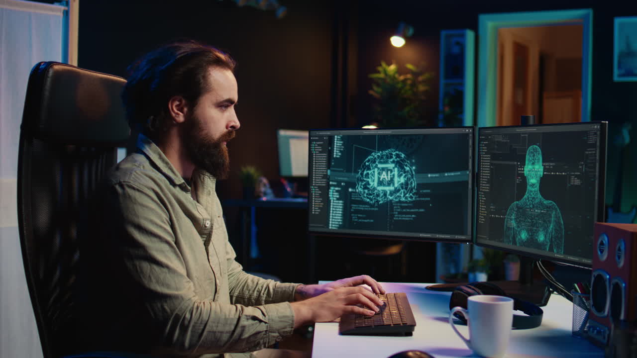 hombre tambaleado por la ia ganando conciencia, convirtiéndose en androide y agitando la mano