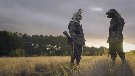 soldiers with animal masks at sunset