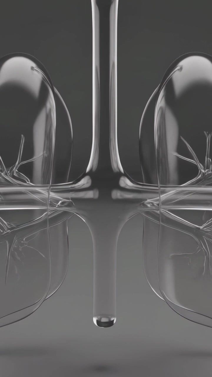 Vertical video: Shifting light revealing glass lung model in studio, exposing branches and droplet