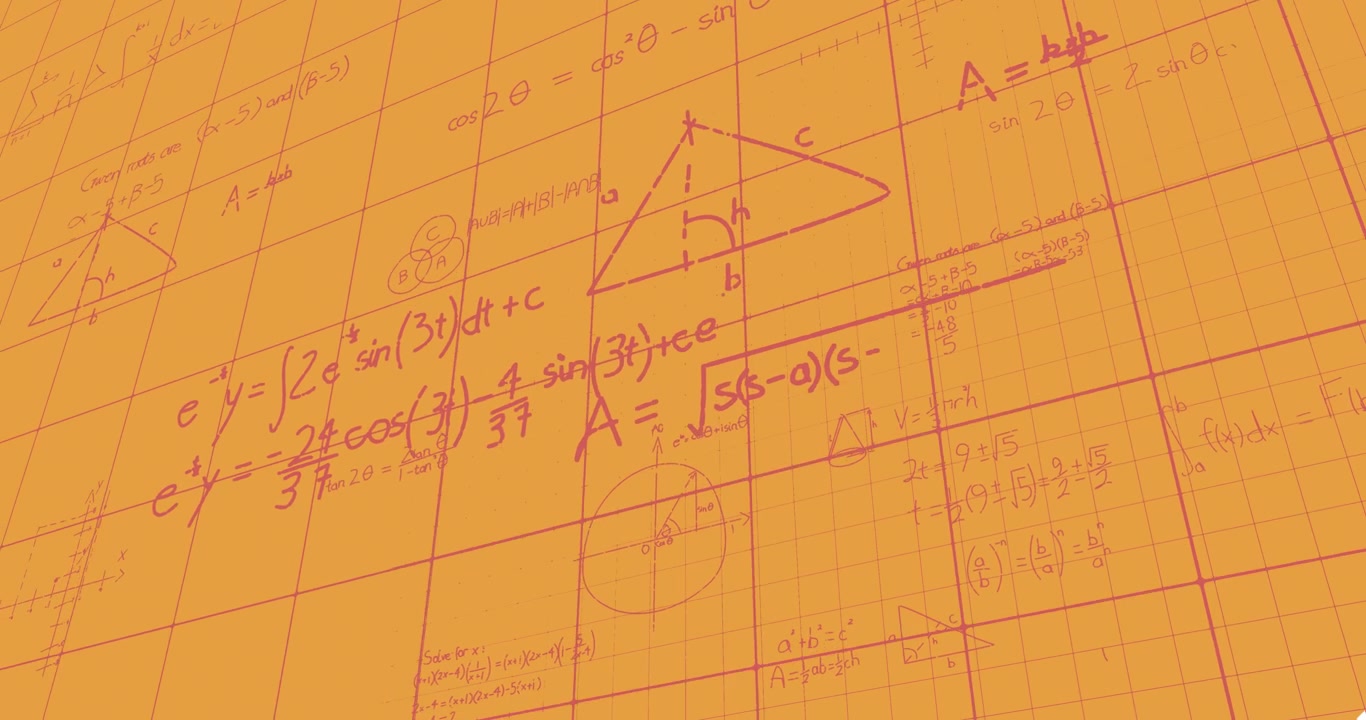 Animation of mathematical equations over grid network against orange background