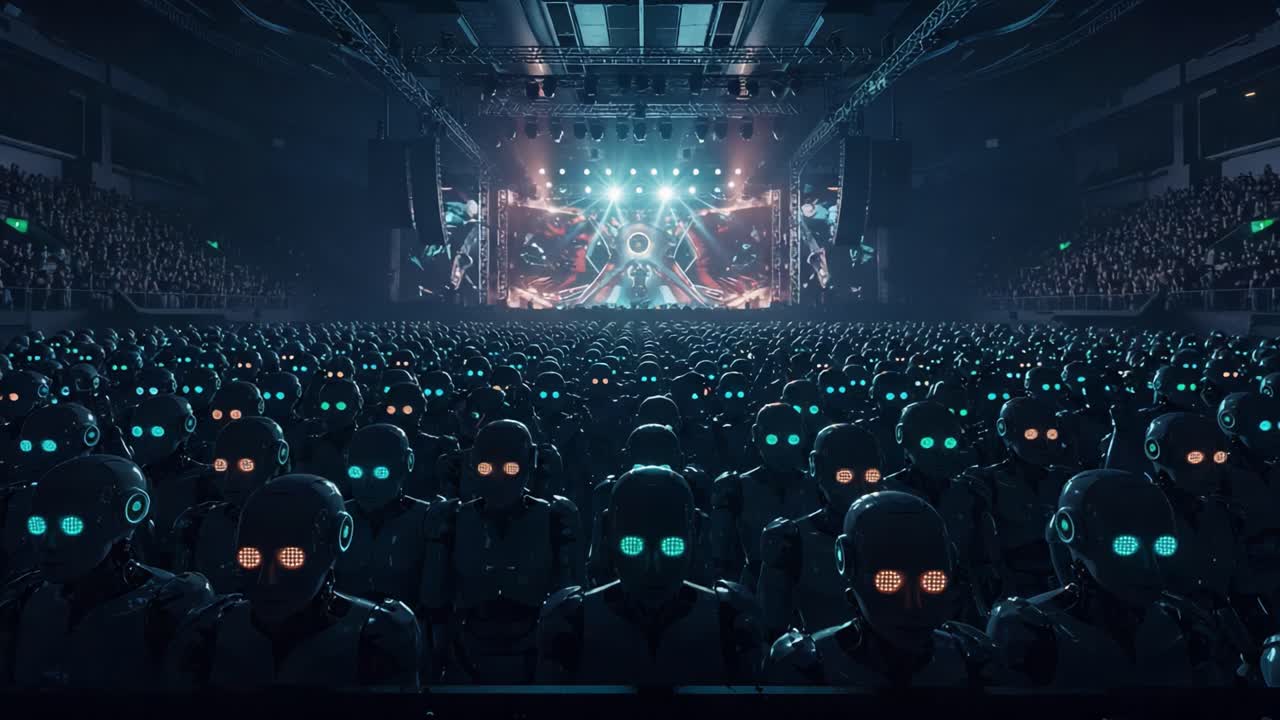 A Vast Gathering of Robots in a High-Tech Arena, Illuminated by Dynamic Lights and Digital Screens, Creating a Futuristic Atmosphere of Entertainment and Innovation