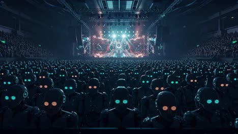 a vast gathering of robots in a high-tech arena, illuminated by dynamic lights and digital screens, creating a futuristic atmosphere of entertainment and innovation