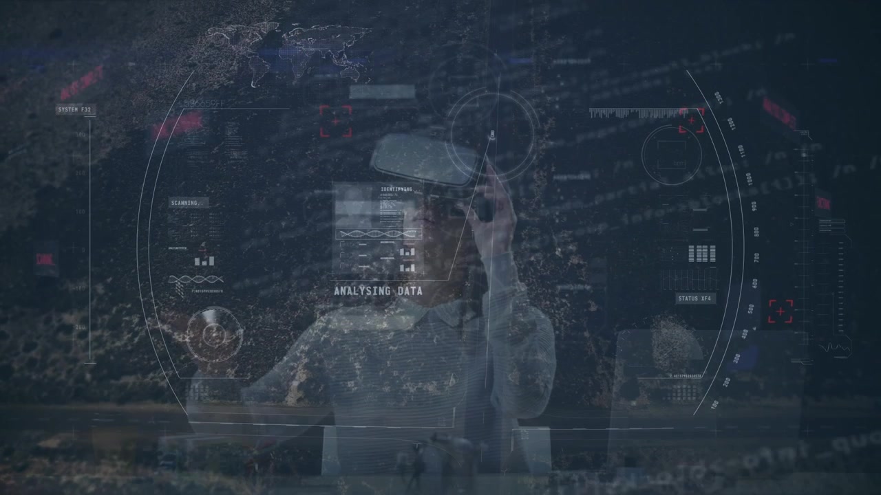 Animation of scope scanning and data processing over caucasian woman using vr headset
