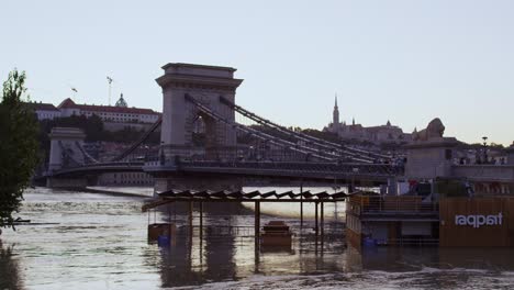 liberty bridge view during the danube flood of 2024, from pest side. fast motion. 2
