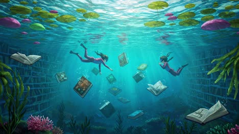 underwater adventure: two divers explore a magical library surrounded by floating books, colorful lily pads, and luminous aquatic life in a stunning aquatic environment