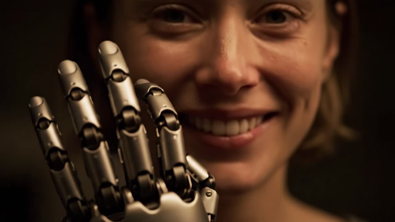 mujer con mano robótica