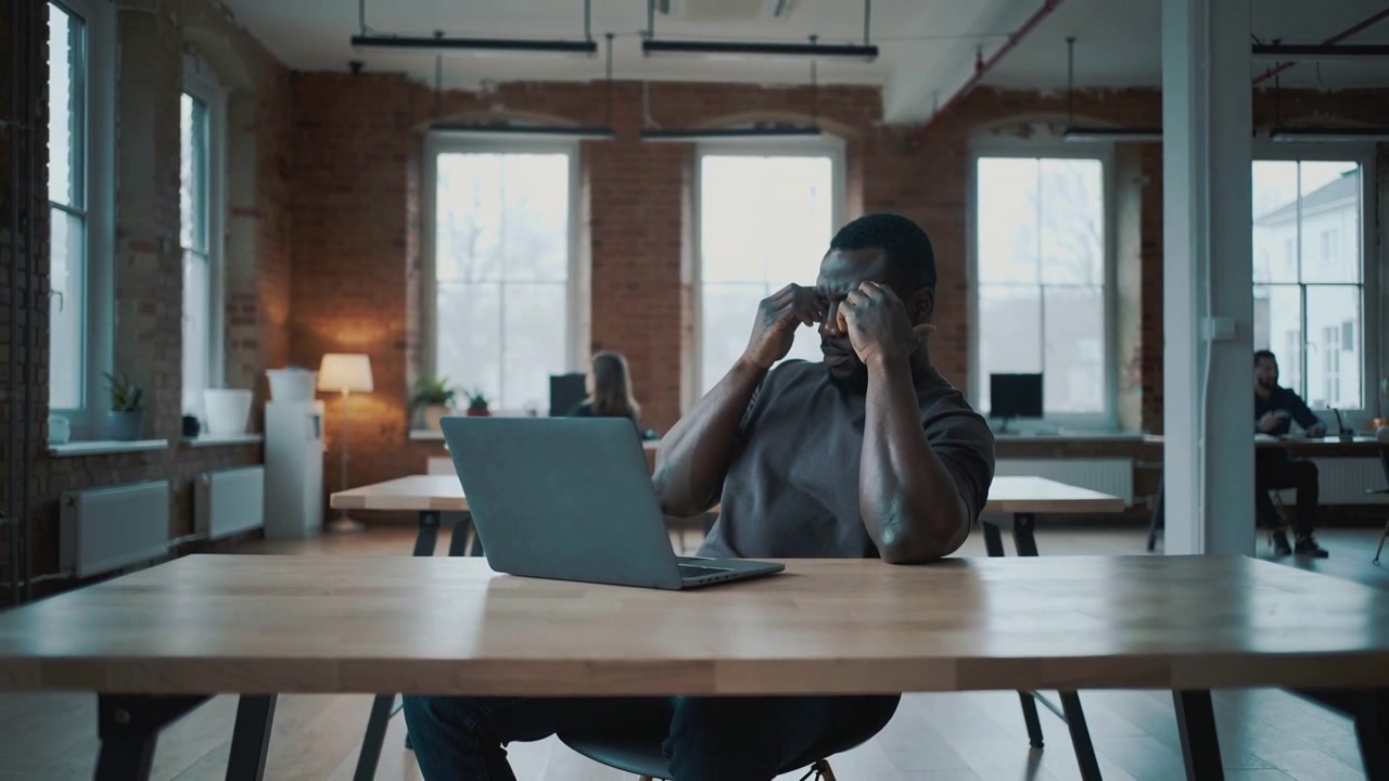 Remarquant l'écran de son ordinateur portable, un homme en chemise sombre tend la main vers ses lunettes, ajustant les montures dans un bureau de type loft.