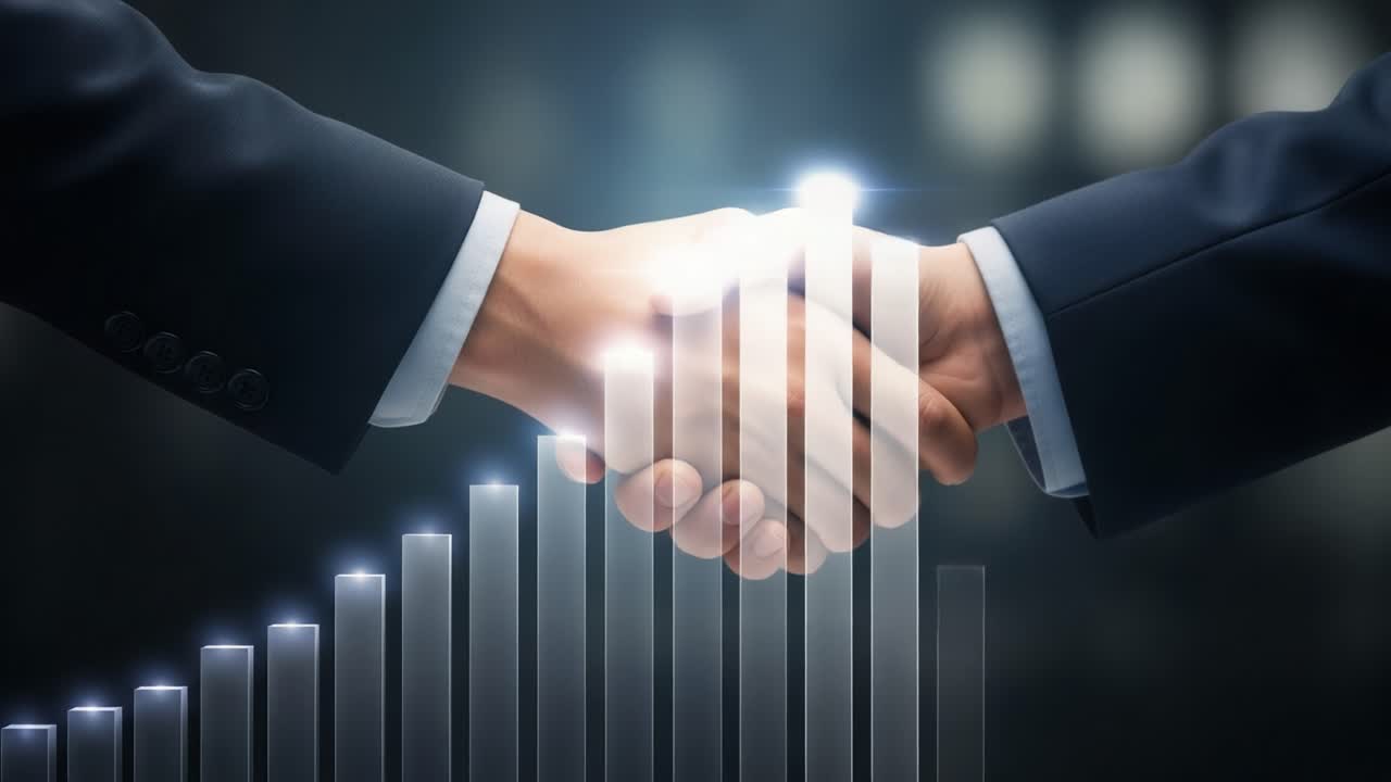 Two Business Professionals Engaging in a Firm Handshake Against a Background of Rising Graph Bars Representing Growth and Success