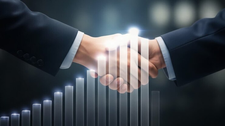 Due professionisti che si stringono la mano davanti a barre grafiche in crescita che rappresentano sviluppo e successo