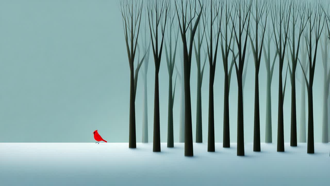 A solitary red cardinal gracefully strides through a serene winter landscape, surrounded by tall, bare trees against a soft blue backdrop, evoking a sense of calm and quiet beauty in nature