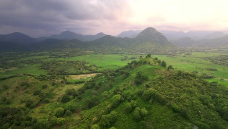 beautiful dolly drone shot of terraced rice field at sunset with clouds in sumbawa, indonesia