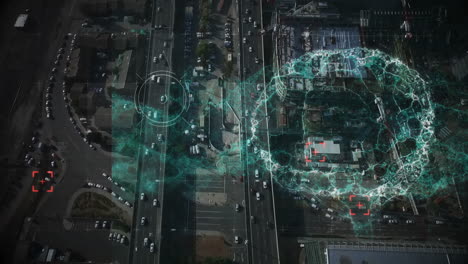 animación del cerebro humano y escaneo de alcance sobre el paisaje urbano