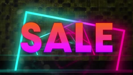 Animations-of-sale-text-and-geometrical-shapes-on-dark-background