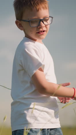 un niño joven, con gafas y una camisa blanca, está de pie en un campo de hierba soleado sosteniendo un pedazo de hierba, limpiándolo en las otras hierbas. el cielo despejado y la vegetación vibrante mejoran el pacífico