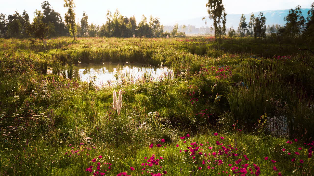 Vibrant wildflowers by a tranquil pond at sunset