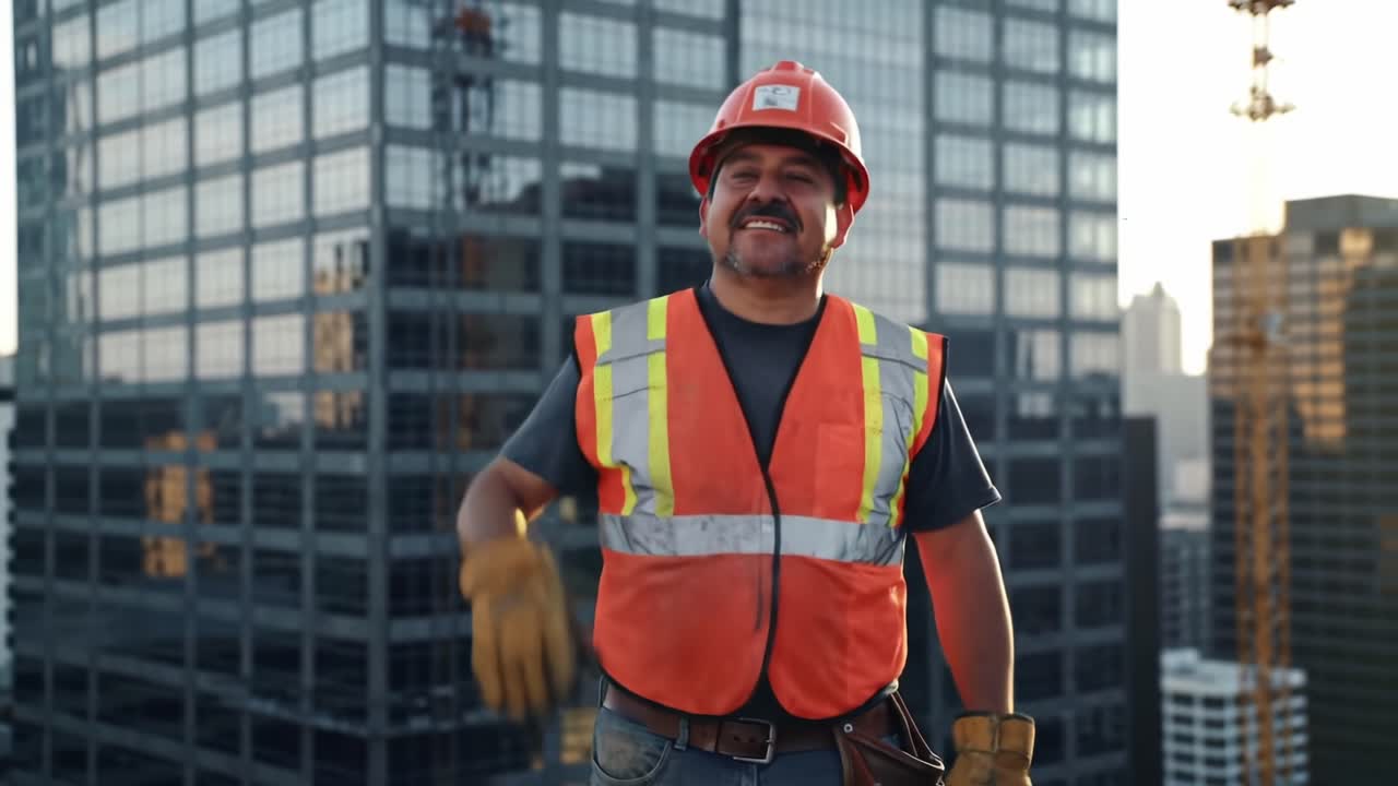 A Grateful Construction Worker on a High-rise Building Rooftop, Enjoying the Stunning City View as the Sun Sets Behind the Urban Skyline