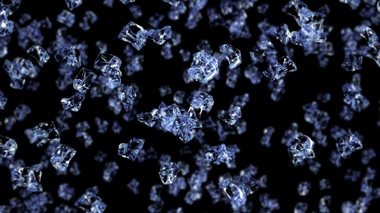 검은색 바탕에 많은 깨한 얼음 큐브를 날아. 부서진 얼음 조각, 자연 물. 부러진 얼음의 3d 애니메이션 회전. 루프 애니메이션.