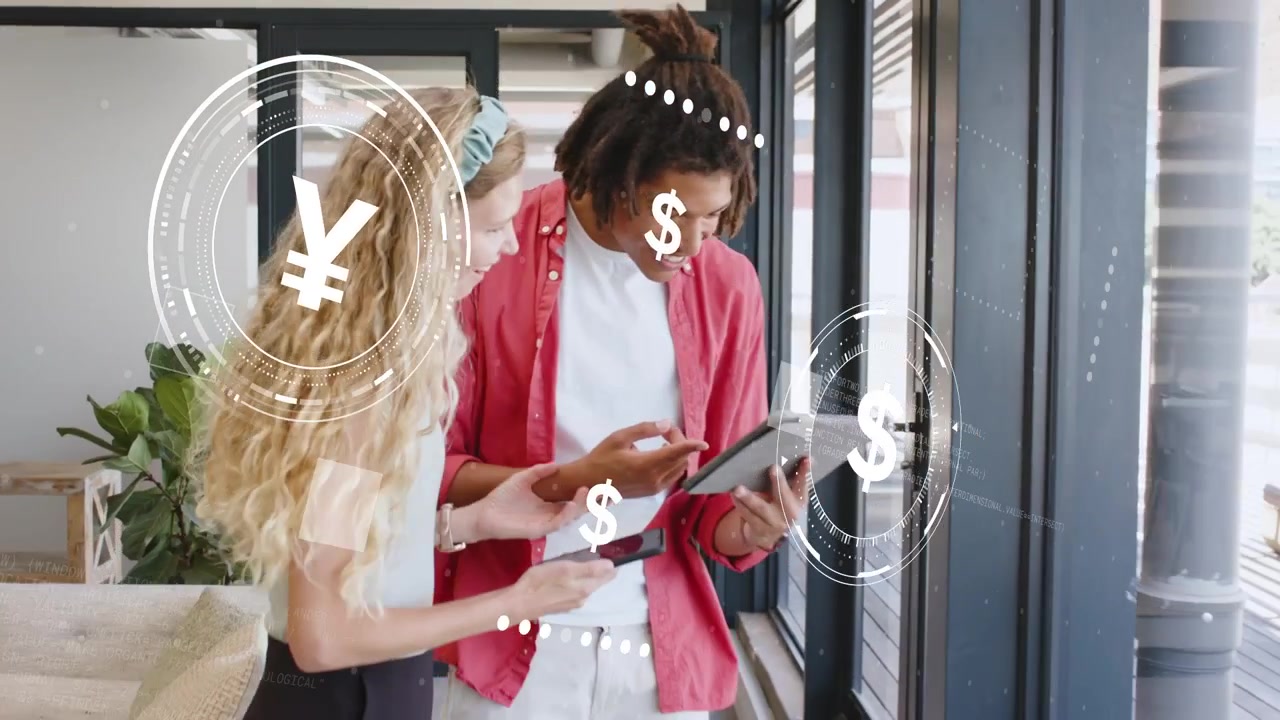 Man tapping tablet activating ¥ $ overlays as woman walking in joining, both analyzing finances