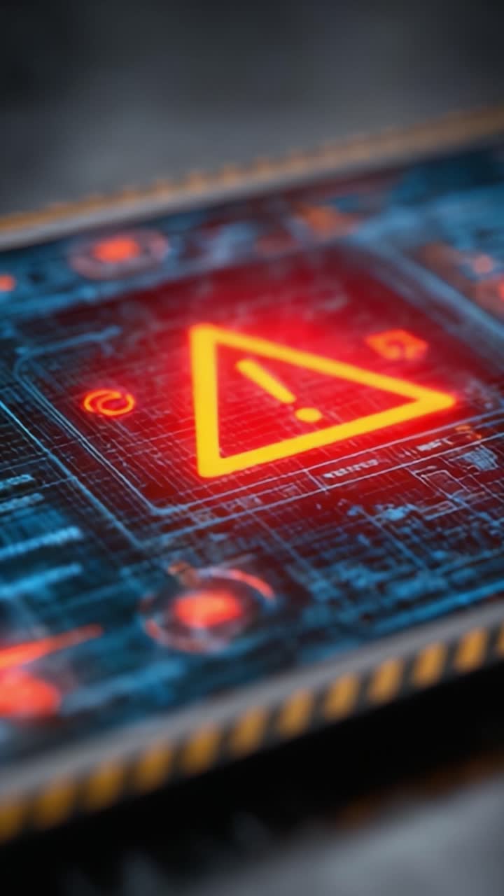 Alert Screen Displaying Warning Symbol in High-Tech Interface with Digital Patterns and Glowing Elements Indicating a Potential System Issue or Malfunction