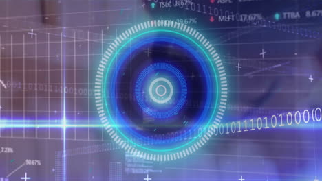 Animation of illuminated circles over trading board, binary codes, graphs and computer language