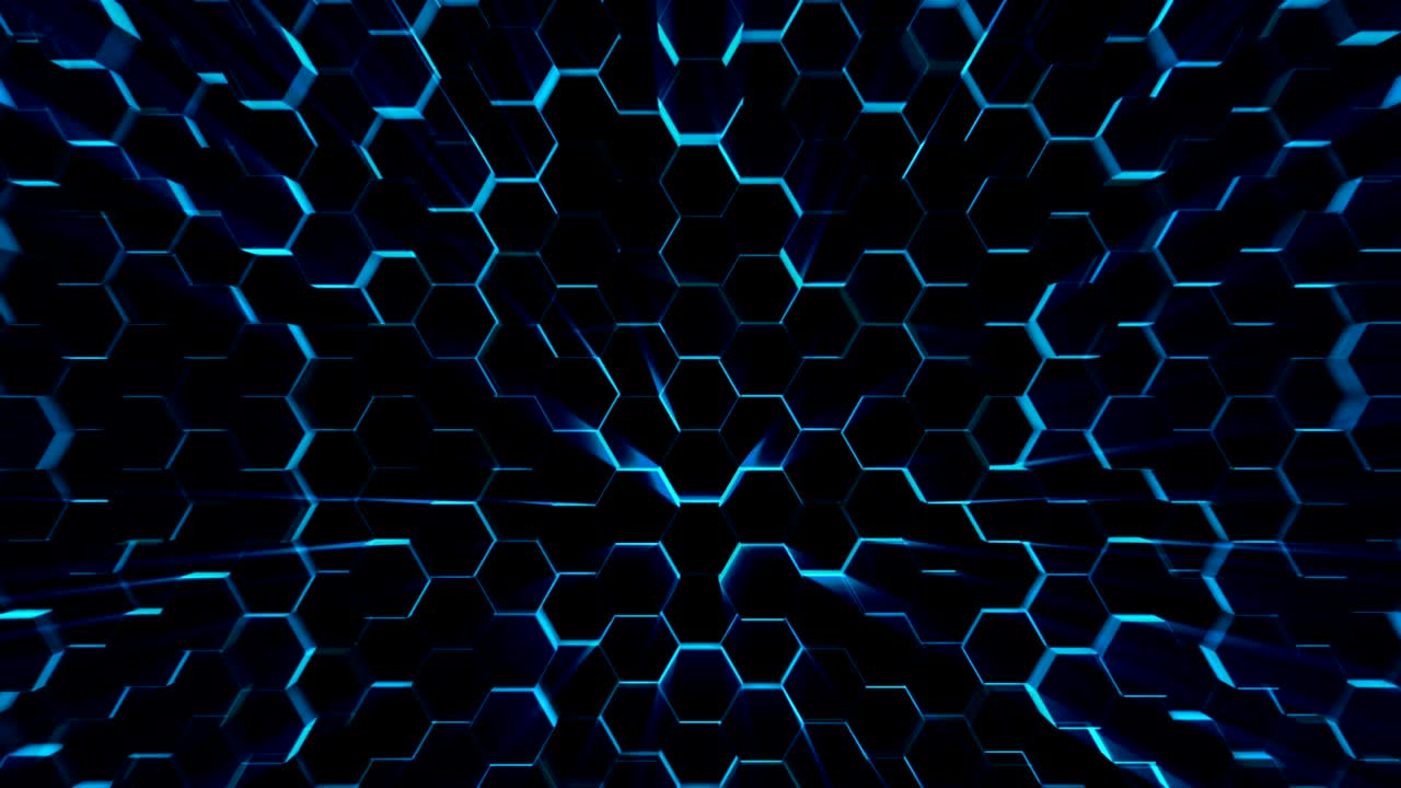Seamless futuristic surface. Neon blue light hexagon pattern. Abstract motion background.