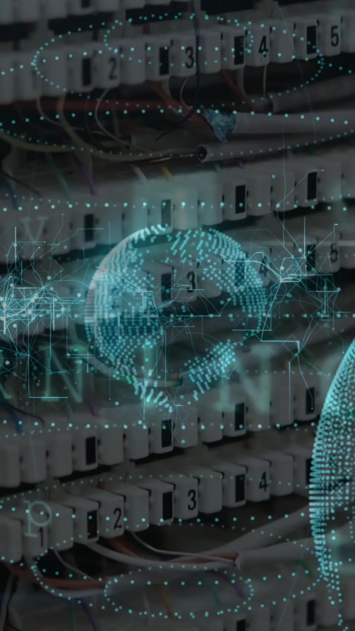Animation of data processing and globe over server room